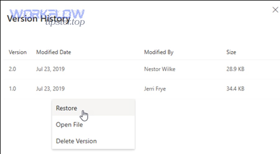 OneDrive version history pane for governance and recovery