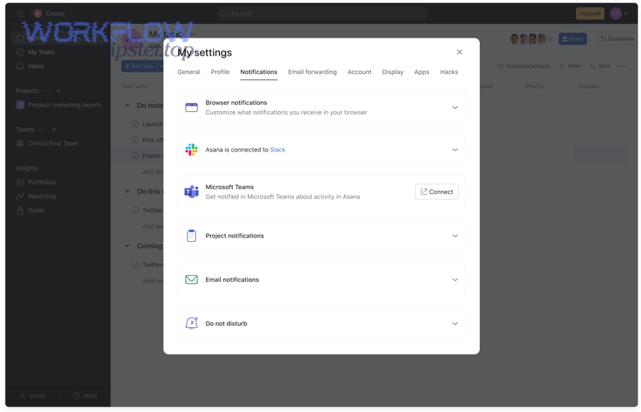 How do you enable and tune Asana notifications in Microsoft Teams? - Asana notification settings with Microsoft Teams option