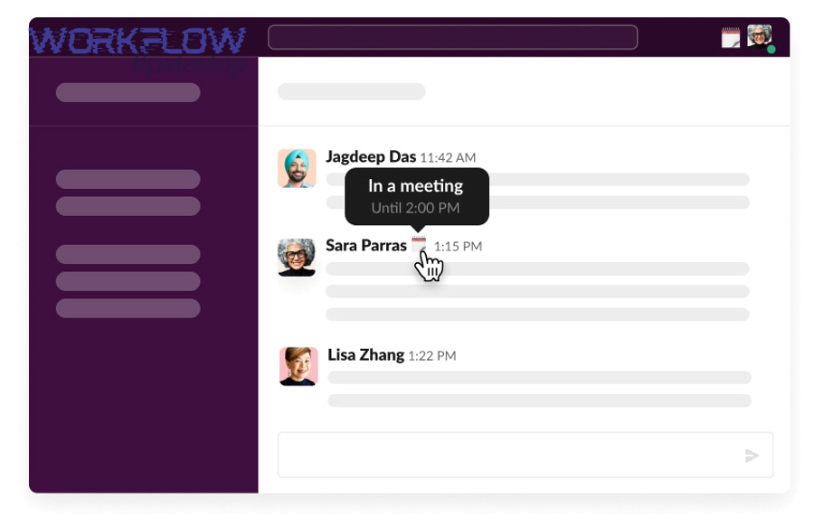 Slack status tooltip showing In a meeting until a specific time