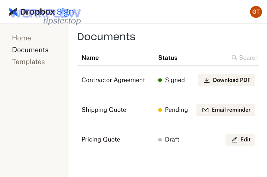 Dropbox Sign documents view showing drafts and completed documents