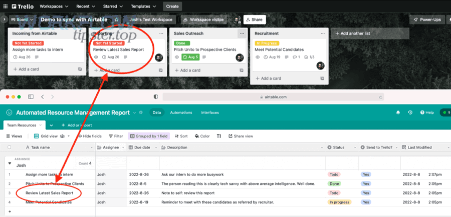 Example of Airtable records synced to Trello cards for teams