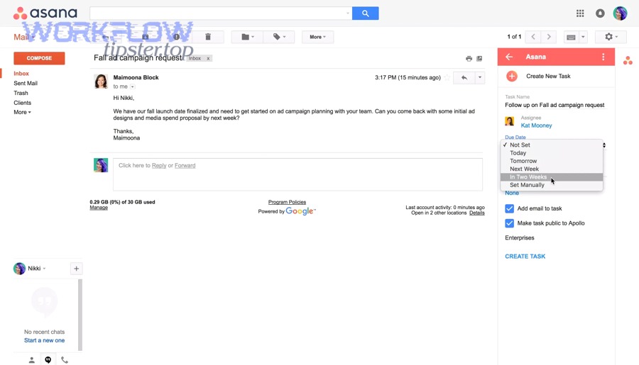 Gmail to Asana integration: Asana for Gmail add-on in Gmail sidebar