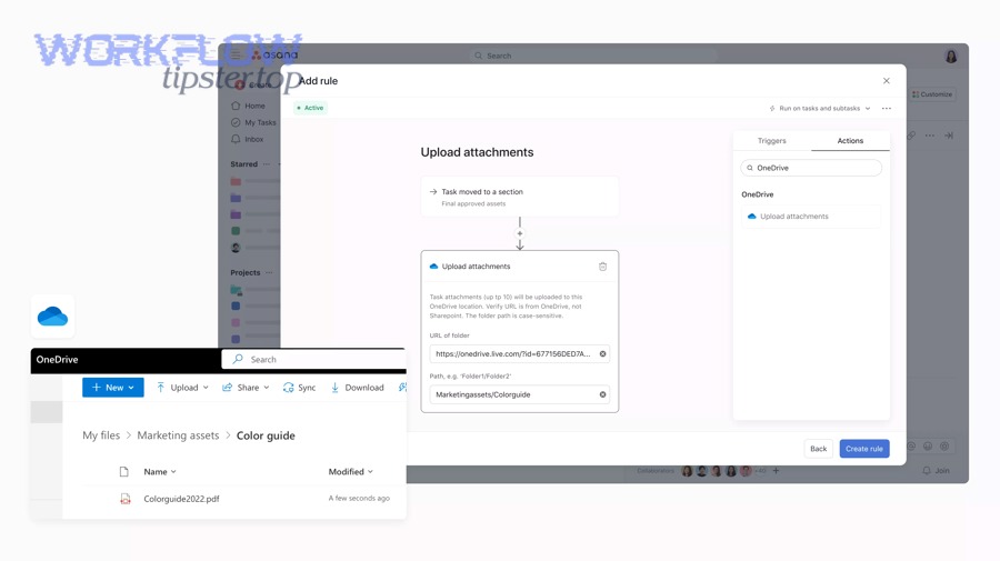 How do you automate OneDrive file handling with Asana Rules?