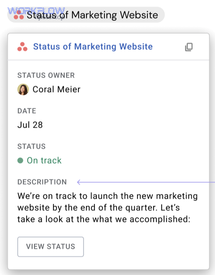 Example of an Asana status update style card preview