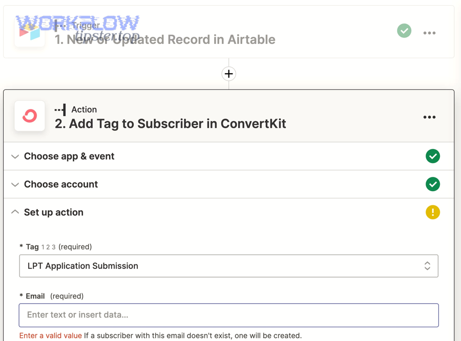 Step-by-step workflow setup for Airtable to Kit automation