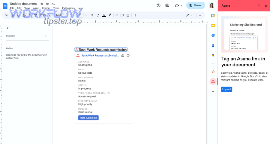 Screenshot of Asana smart chip preview and side panel in Google Docs