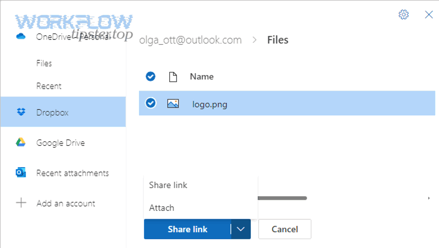 Outlook web cloud attachment dialog showing share link vs attach copy options