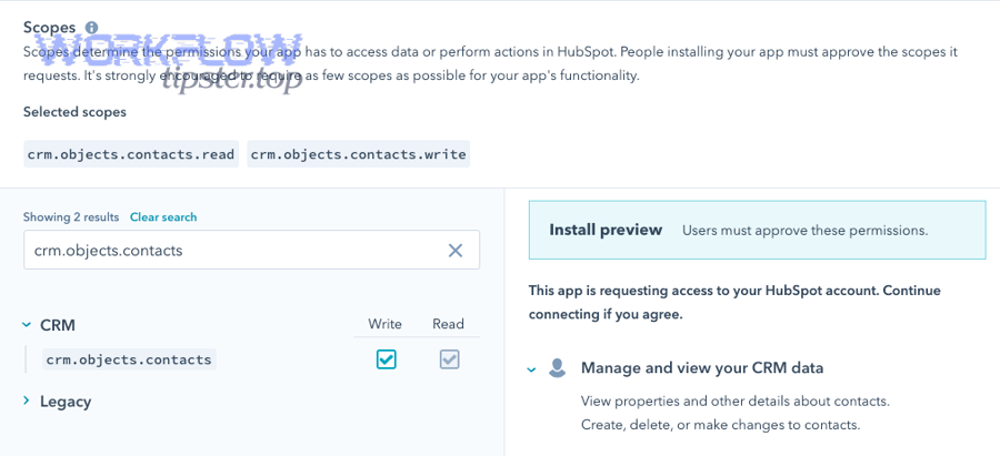 HubSpot permission denied diagnosis: granular OAuth scopes selection screen