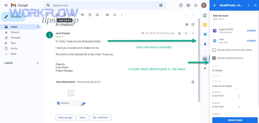 How should you structure the “email → Jira issue” workflow so tickets are clean and actionable?