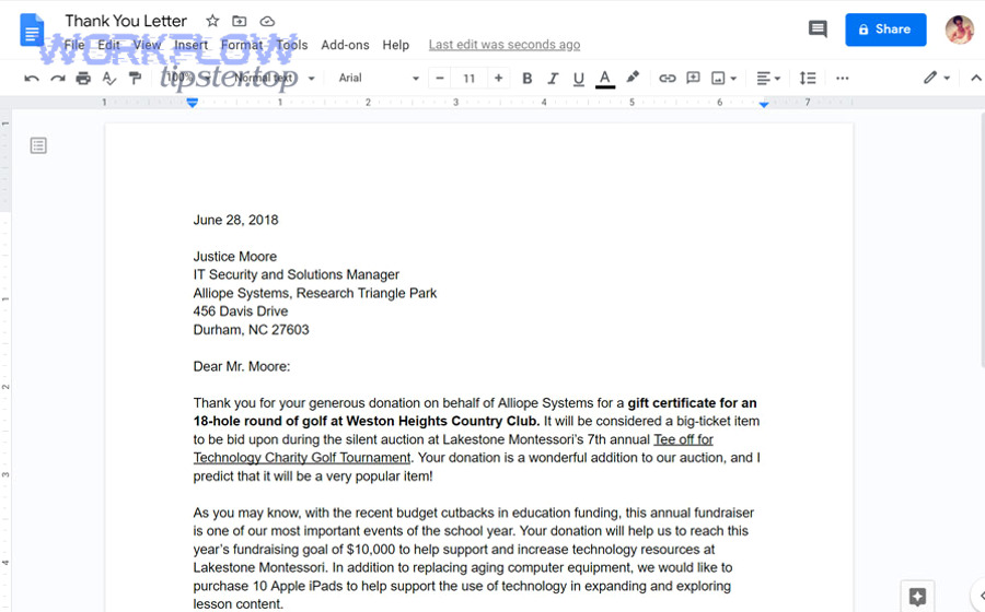 Google Docs interface example for generated documents