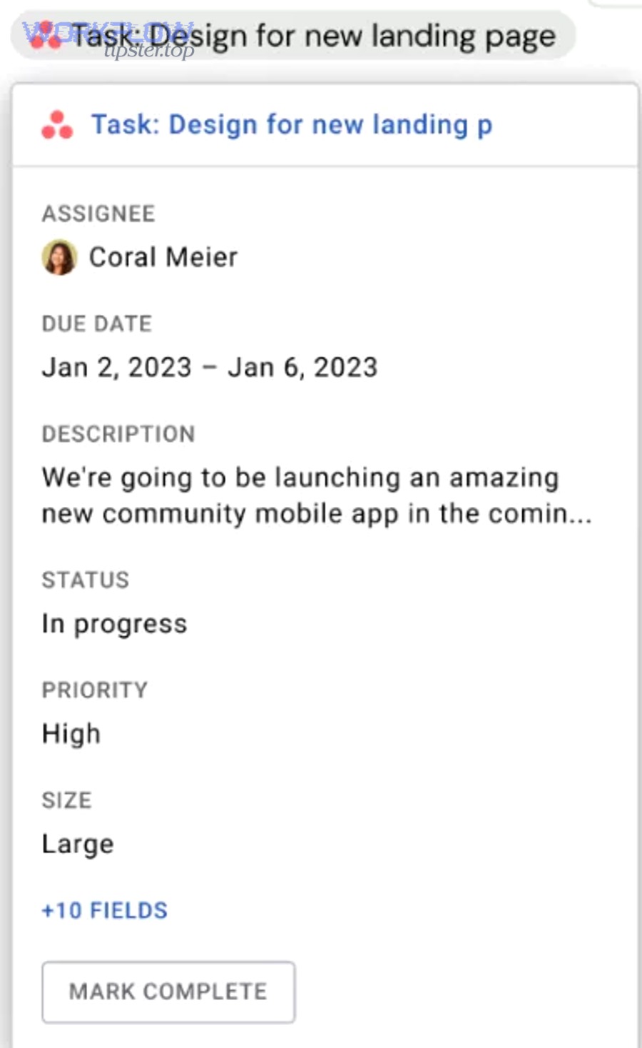 Close-up of an Asana smart chip showing task fields in a document