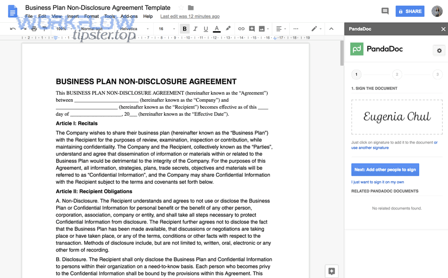 PandaDoc step 1 panel inside Google Docs showing signer setup