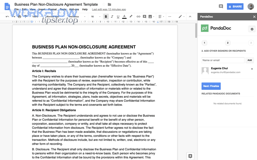 PandaDoc step 2 panel inside Google Docs showing adding recipients