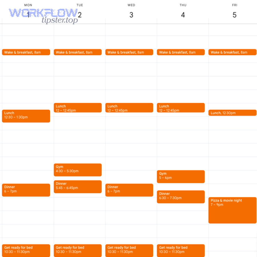 Time blocking calendar example relevant to scheduling Asana tasks in Outlook Calendar