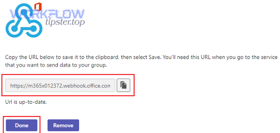 Teams webhook URL copy screen for workflow context