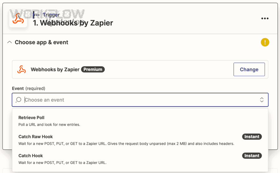 Webhooks by Zapier trigger options including Catch Hook and Catch Raw Hook