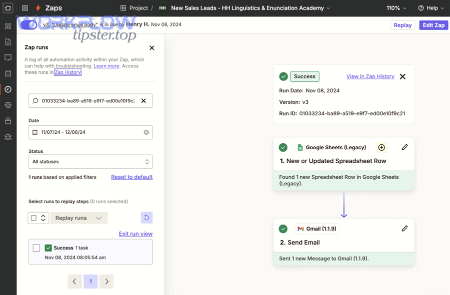 Zapier editor showing Zap runs panel and step run details