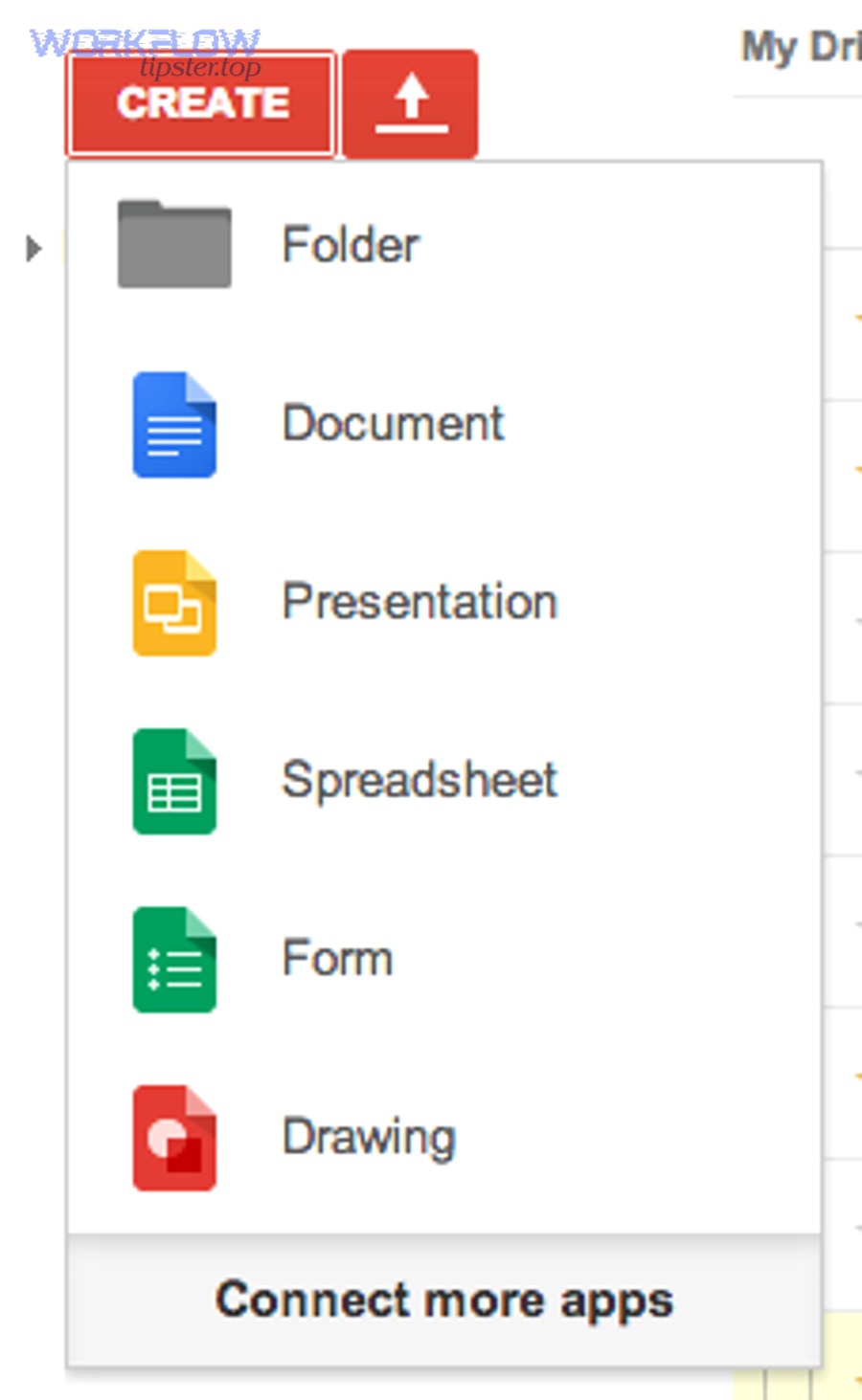 Google Drive menu showing Document, Presentation, Spreadsheet options that are not real files for direct download workflows