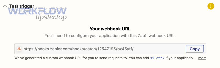 Zapier webhook URL example shown in Webhooks by Zapier trigger test screen
