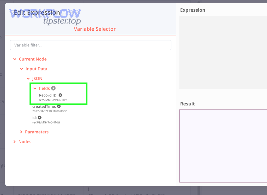 n8n expression editor showing variable selector with a limited set of visible fields