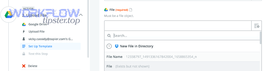 Zapier Google Drive Upload File step showing a File field with Exists but not shown indicating a file object