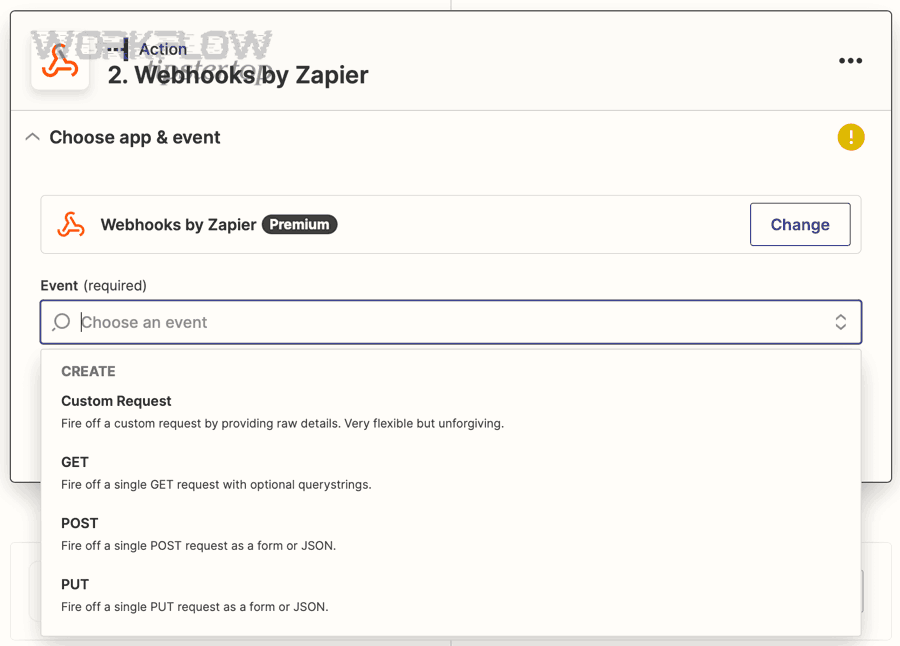 Webhooks by Zapier action setup showing Custom Request and request options
