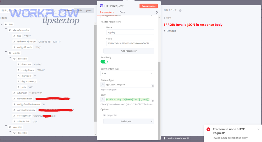 Is your n8n payload actually invalid JSON, or valid JSON with the wrong schema for the API?