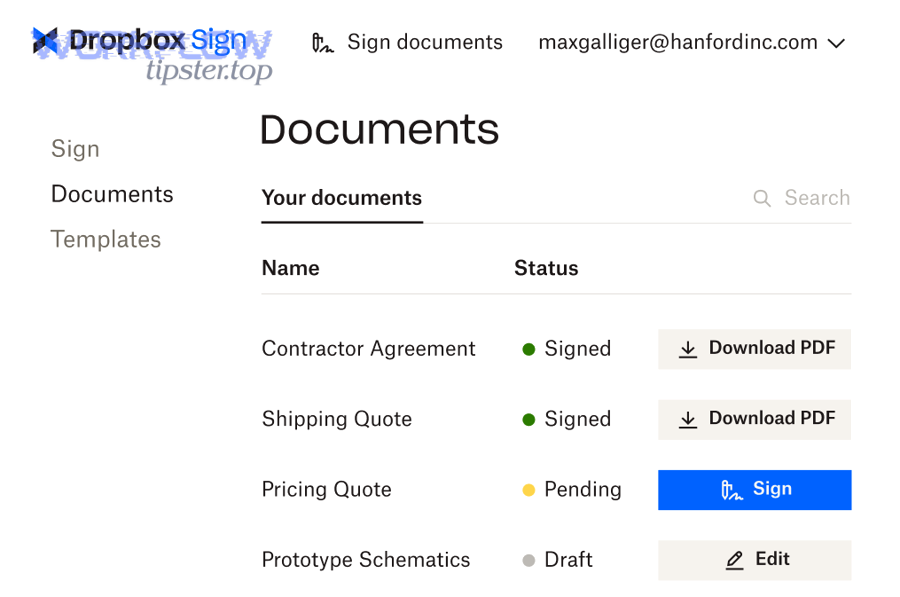 Dropbox Sign documents dashboard showing statuses like signed and pending