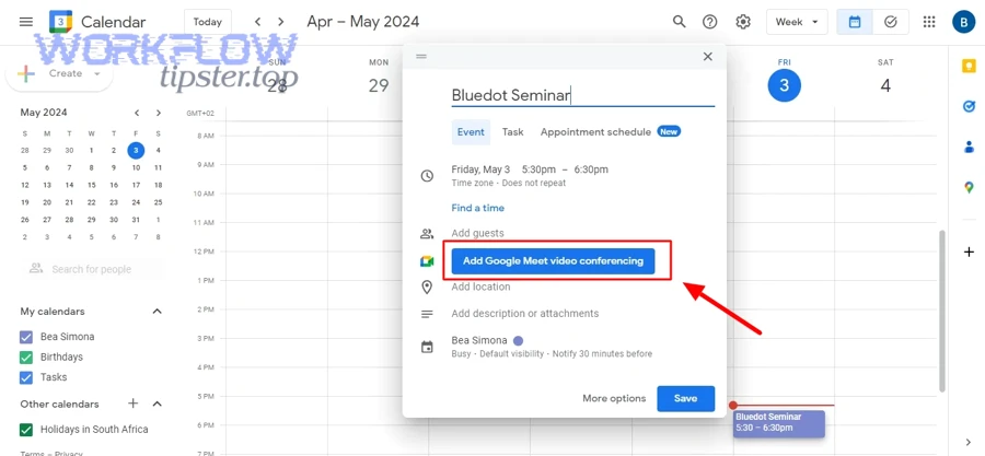 Adding Google Meet video conferencing in a Google Calendar event