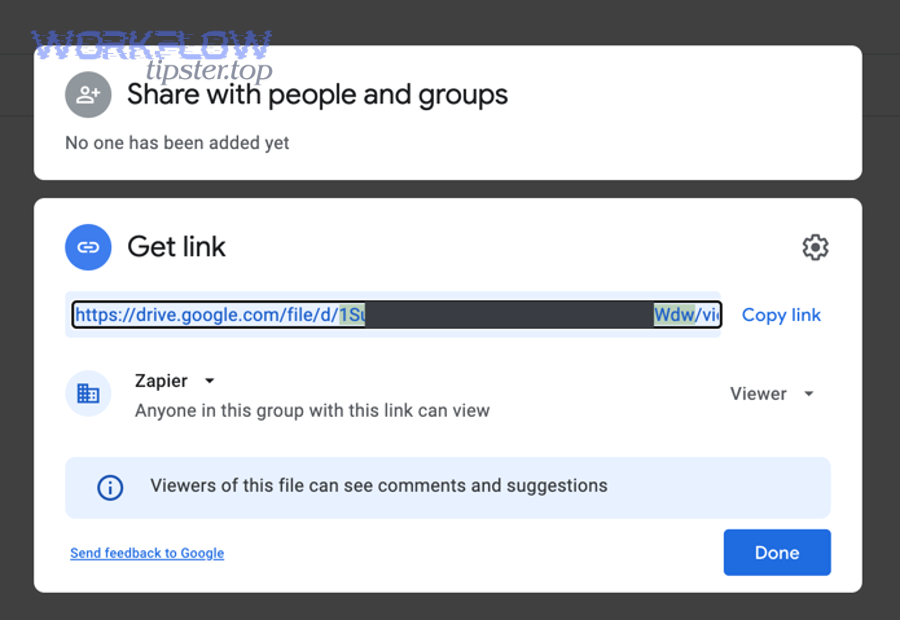 Google Drive share dialog showing a shareable URL from which you can extract the FILE_ID