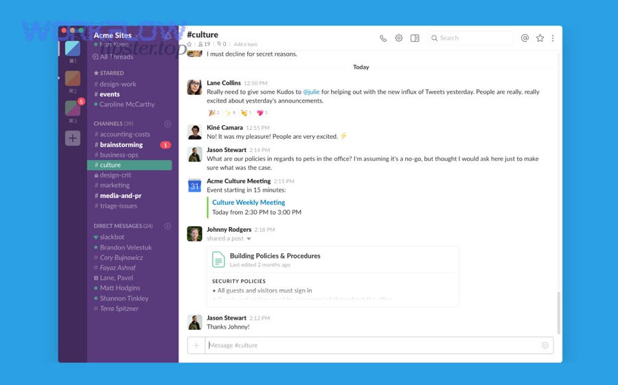 Slack channel showing a Google document preview and event context
