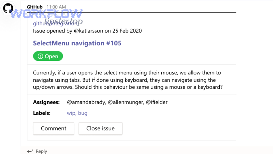 Example GitHub issue card shown inside Microsoft Teams with actions and metadata