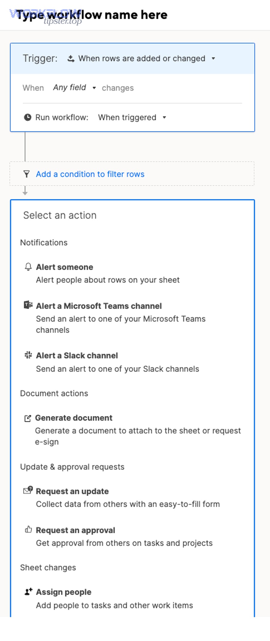 Smartsheet create workflow from scratch screen showing trigger and action options