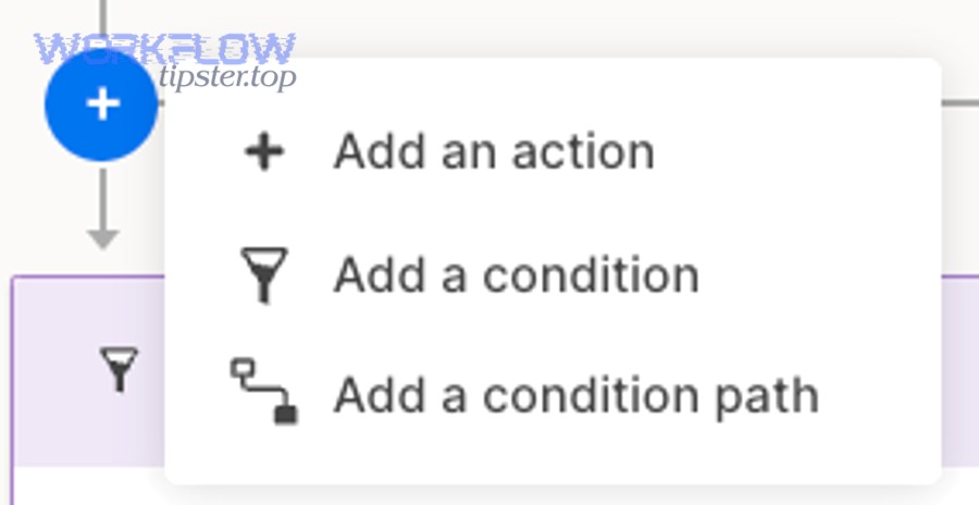 Smartsheet workflow builder menu showing add an action, add a condition, add a condition path