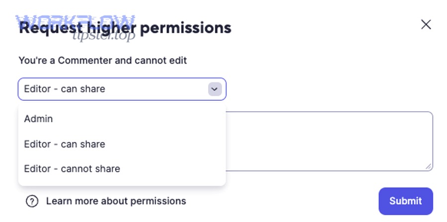 Smartsheet request higher permissions modal with permission dropdown