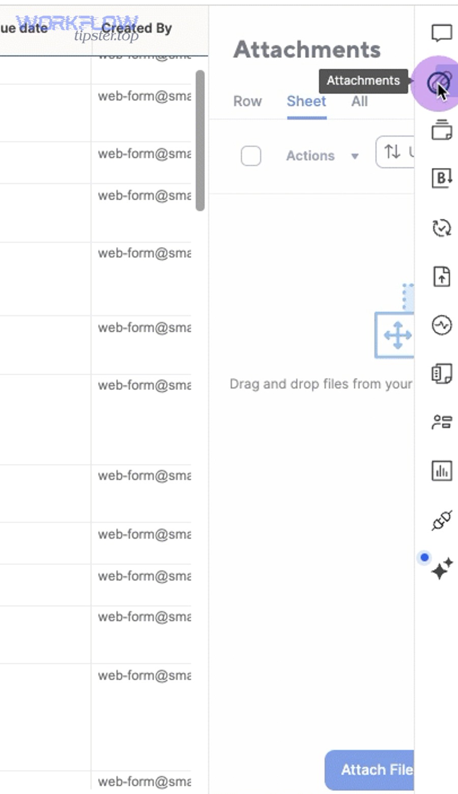 Animated image showing Smartsheet sheet-level attachments panel