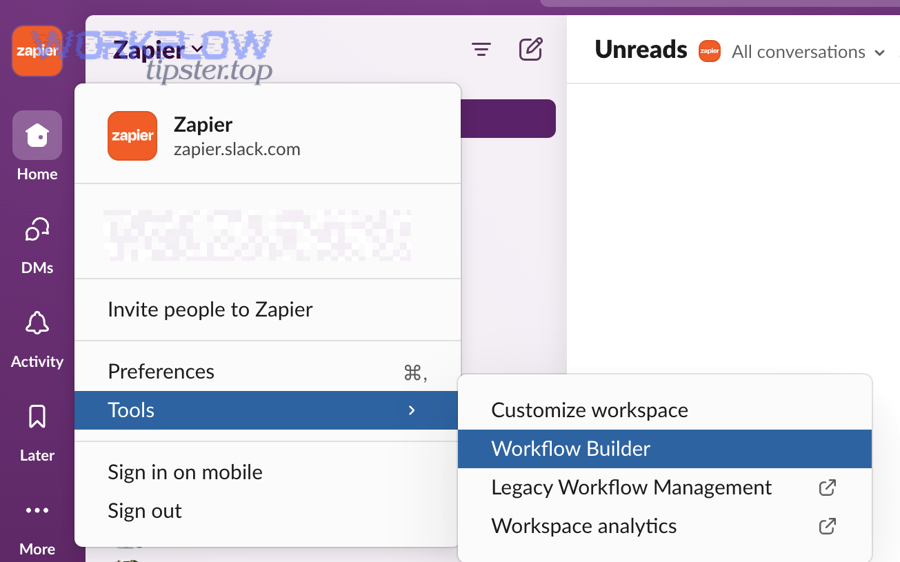 Opening Slack Workflow Builder from Tools menu; helpful for admins diagnosing delayed Slack tasks and workflows