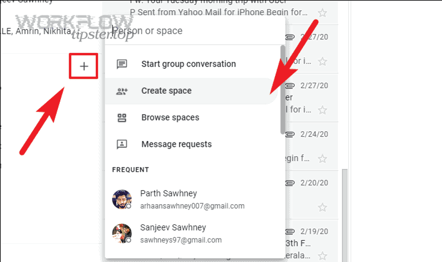 Google Chat UI example showing how spaces are created and organized