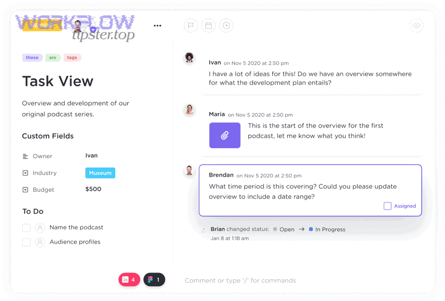 ClickUp task view showing comments and assigned items for collaboration