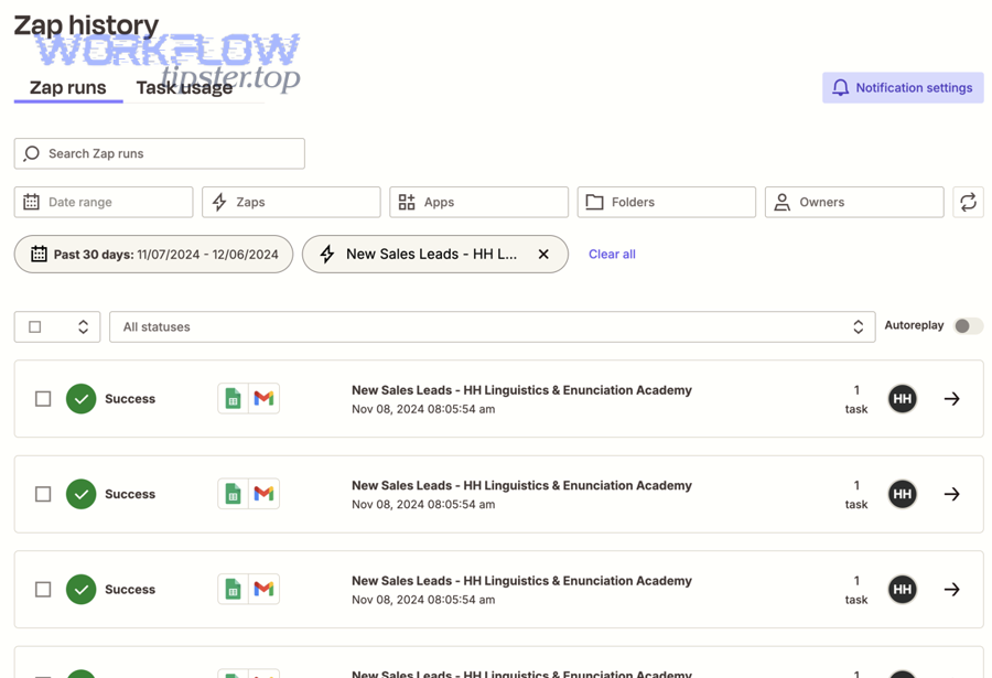 Zapier Zap history showing Zap runs list and filtering options