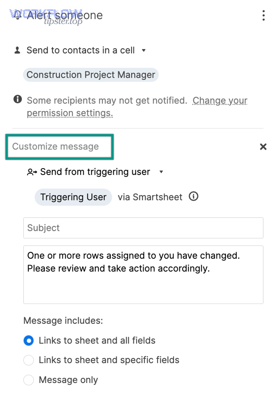 Smartsheet alert someone automation showing recipient and permission warning
