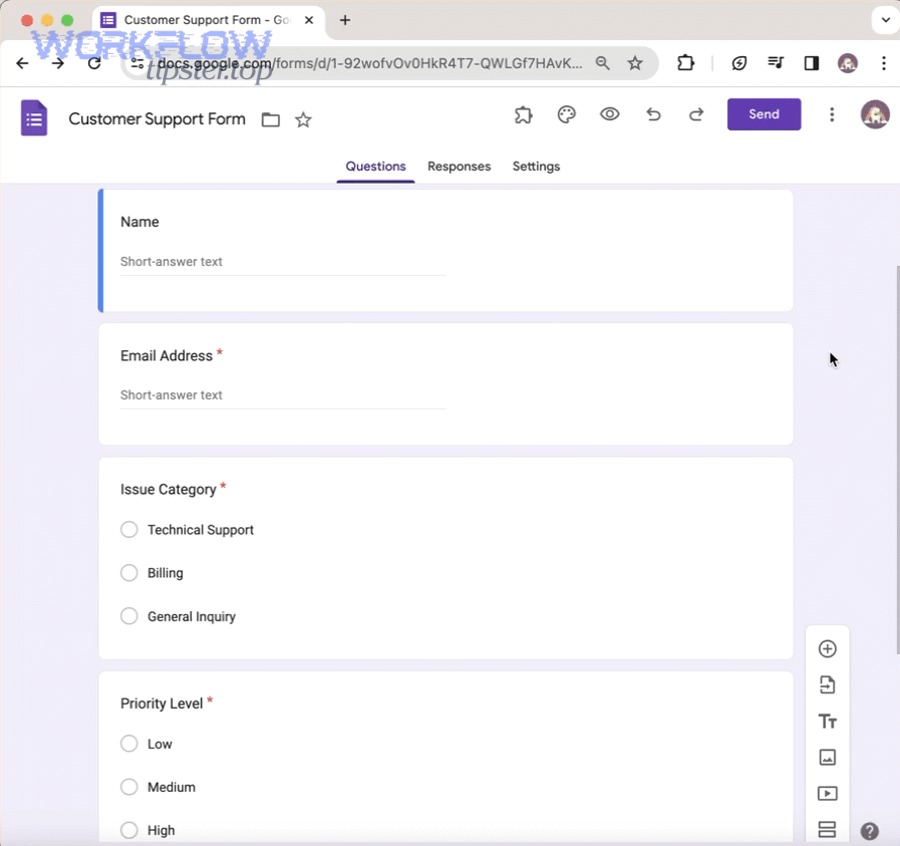Screenshot of opening an email notifications add-on in Google Forms