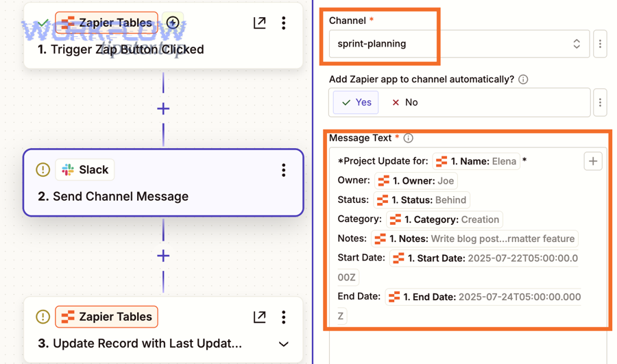 Example of a no-code workflow step sending a Slack channel message