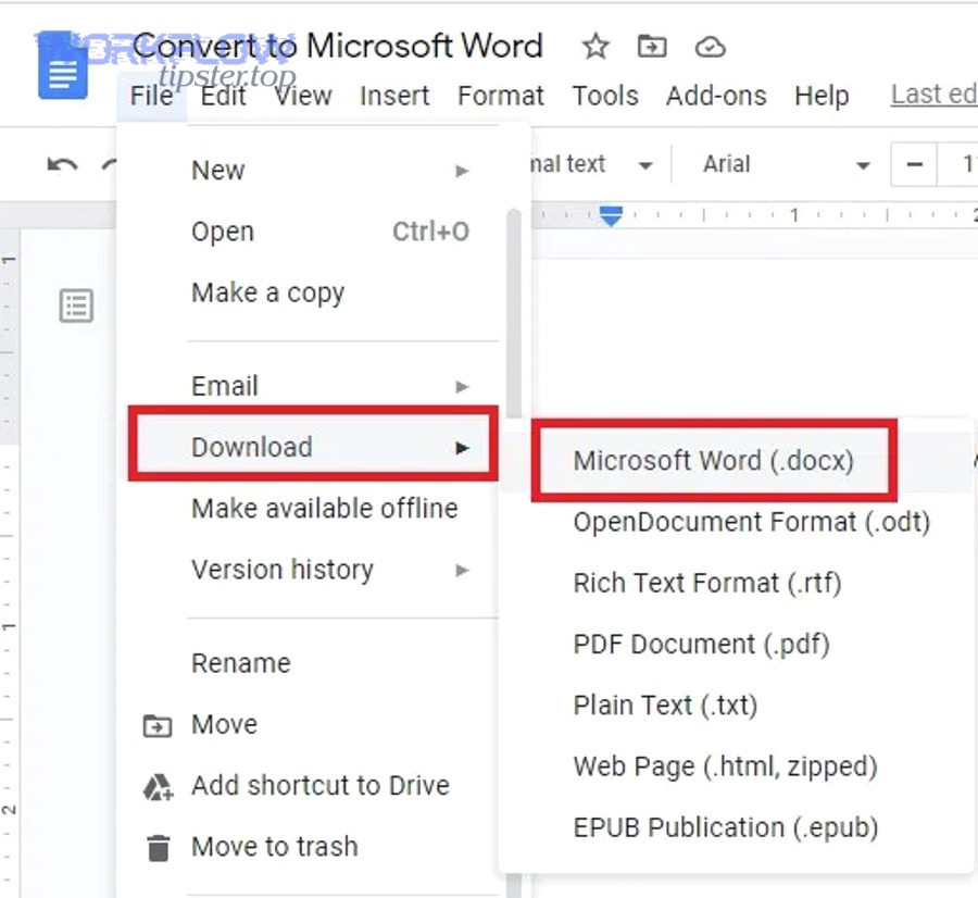 Google Docs Download as Microsoft Word option
