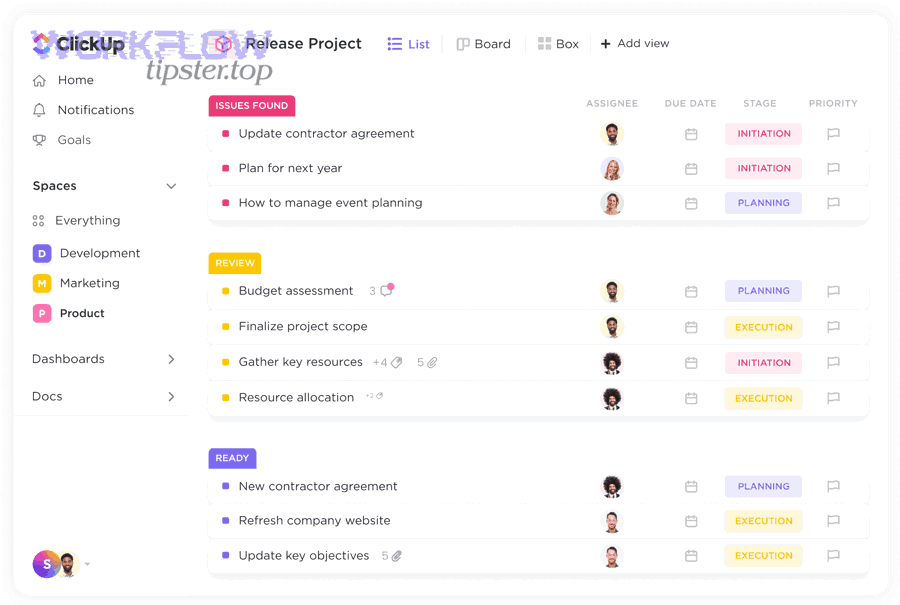 ClickUp list view showing tasks with assignees and due dates