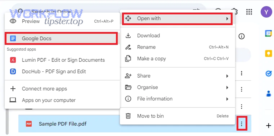 Open with Google Docs in Google Drive to convert a PDF