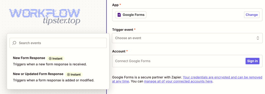 Choosing a Google Forms trigger event such as new form response in an automation editor