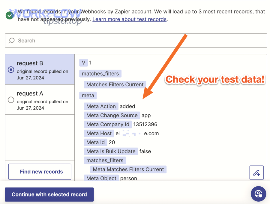 Zapier webhook test data screen showing request record and fields