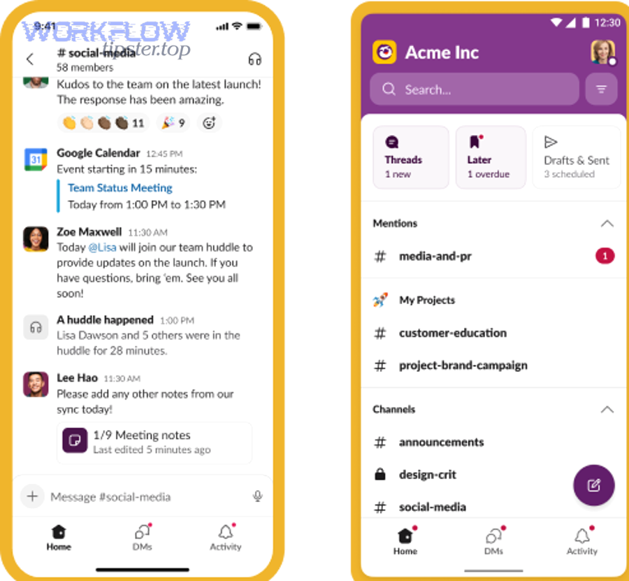 Slack mobile UI screenshot showing channels and navigation