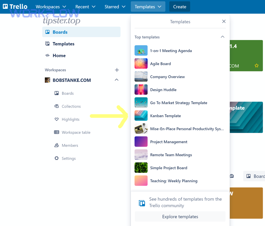 Trello template selection view showing Kanban template option for board setup